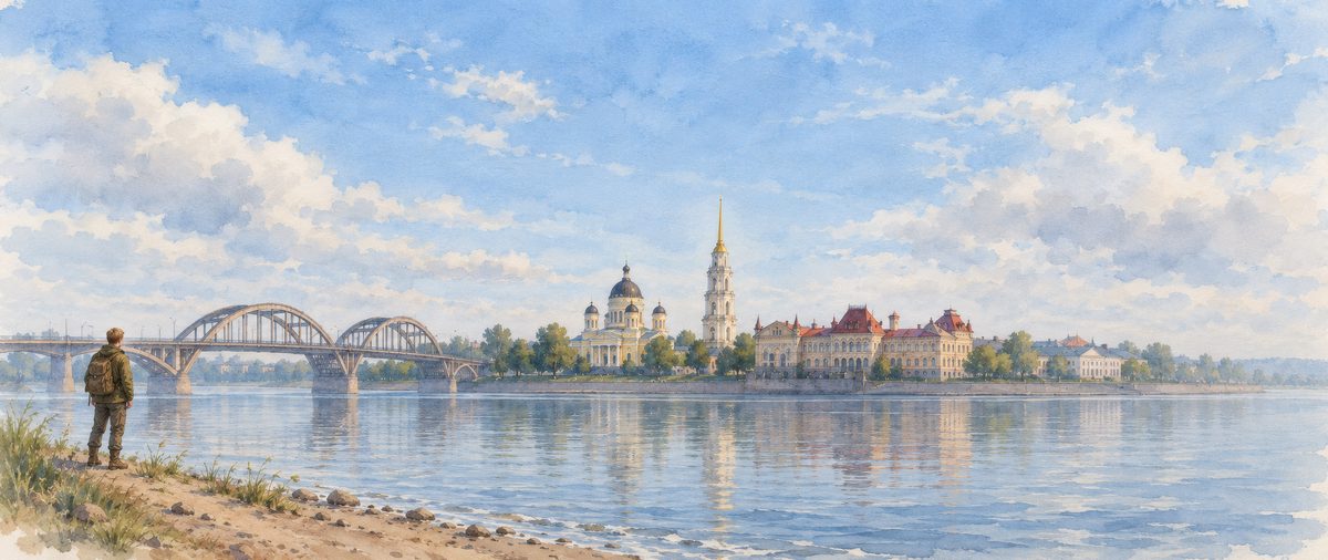 Акварель: панорама Рыбинска с Волги, слева арочный мост, в центре Спасо-Преображенский собор с тёмным ребристым куполом и белой колокольней, правее кремово-жёлтая биржа